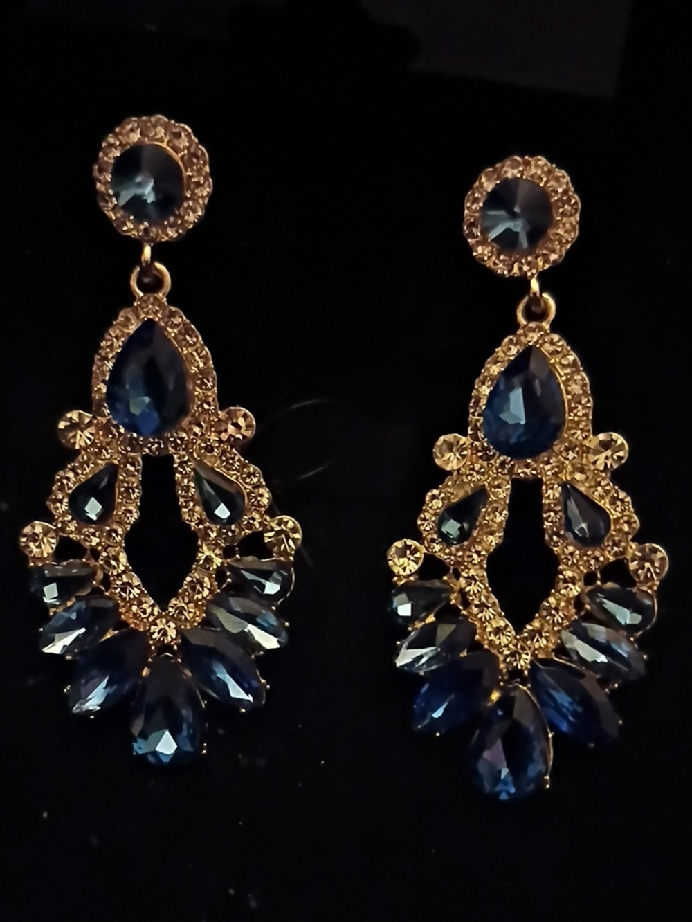 Gold-Tone Blue Crystal Teardrop Chandelier Earrings